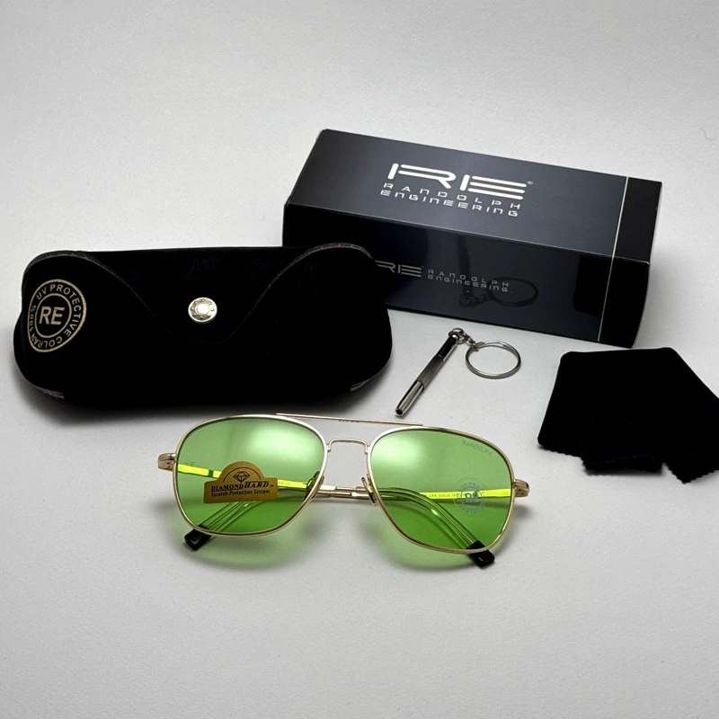 عینک شب و آفتابی خلبانی رندولف شیشه سنگ سبز فریم طلایی فول پک اصلی RANDOLPH AVIATOR RE 58 24K GOLD، تصویر ۱