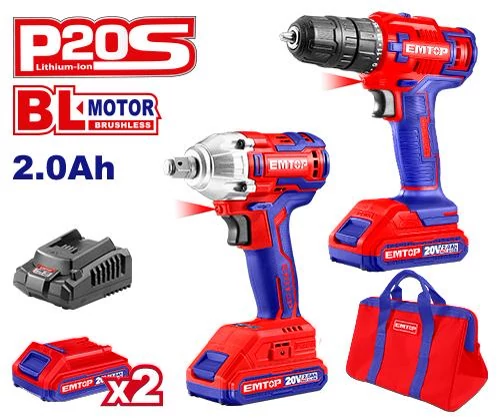 کیت شارژی 2 تکه EMTOP مدل ECKL2007 دریل و آچار ضربهای 20 ولت آوانور-پس کرایه، تصویر ۱