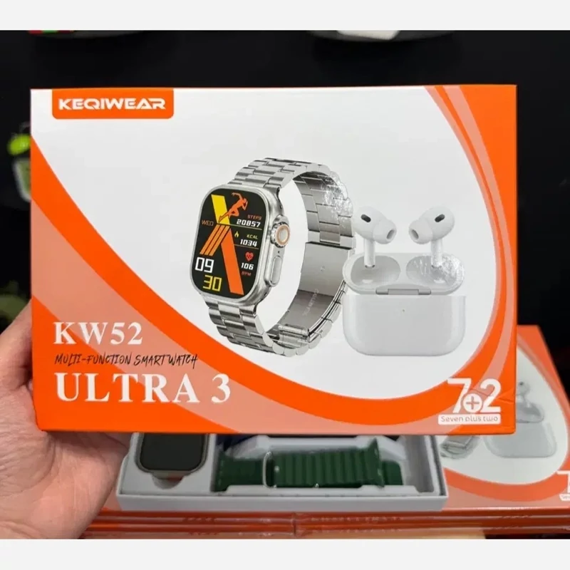 پک ساعت هوشمند فروش اقساطی ارسال رایگان KW52 ULTRA3 (هفت بند با بند فلزی +ایرپاد پرو 2)، تصویر ۱