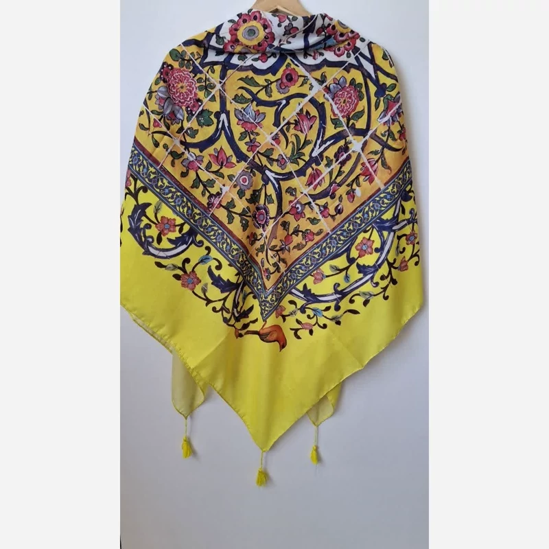 روسری زرد روسری نخی طرح اسلیمی روسری دخترانه روسری زنانه -خوش ست -شال و روسری دخترانه زنانه، تصویر ۱