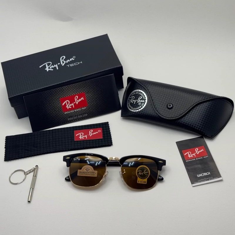 عینک آفتابی ریبن rayban کلاب مستر شیشه سنگ قهوه ای فریم طلایی rb 3016 به همراه پک کامل، تصویر ۱